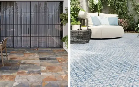 Deux terrasses : une avec un carrelage extérieur imitation ardoise, l'autre avec un carrelage extérieur bleu et blanc à motifs.