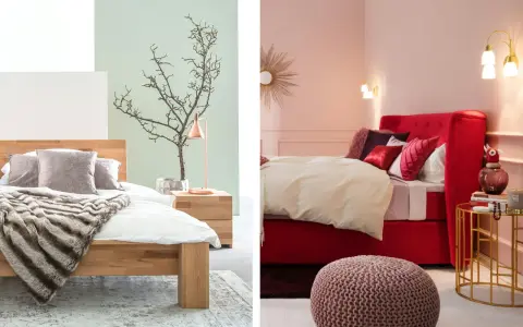 Deux ambiances pour une chambre : bois clair et vert pâle pour la douceur, ou rouge vif et rose pour l'audace. Quelle couleur conseillé pour une chambre ?