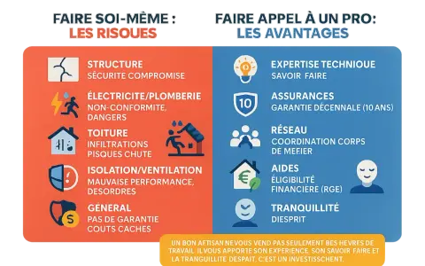 Comparer les risques du bricolage pour rénover une maison avec les avantages de faire appel à un professionnel : expertise, assurances, tranquillité.