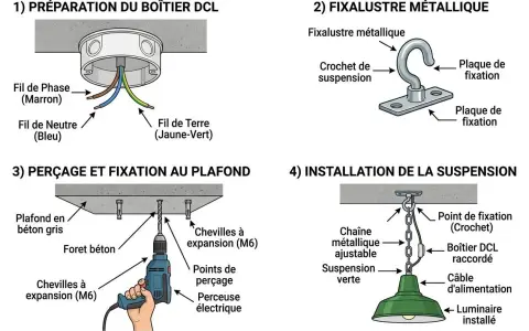 Schéma expliquant comment fixer un lustre au plafond avec crochet. Il montre la préparation du boîtier DCL, le fixalustre métallique, le perçage et la fixation au plafond, et l'installation de la suspension.