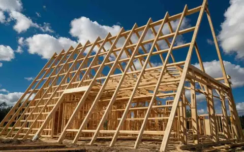 Charpente en bois d'une maison en construction, structure triangulaire sous un ciel bleu et nuageux.