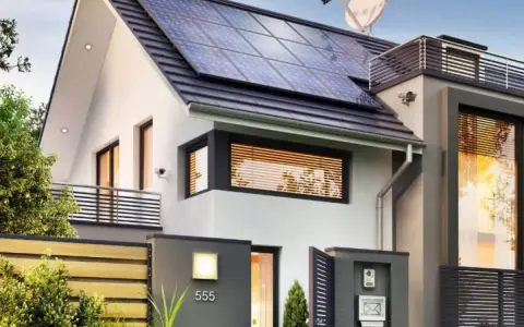 Une maison passive moderne avec des panneaux solaires sur le toit, une clôture en bois et une boîte aux lettres.