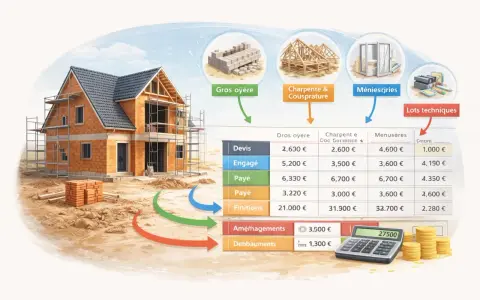 Illustration d'une maison en construction avec un tableau comparant les coûts. L'évolution du cout construction est visible à travers les différentes étapes.