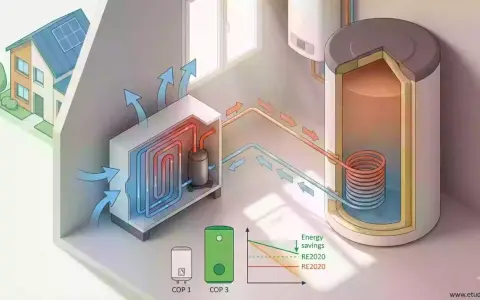 Schéma d'un chauffe eau thermodynamique intérieur, montrant le circuit de chauffage et le ballon d'eau chaude.
