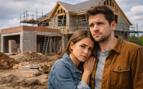 Un couple inquiet devant sa maison en construction dans les bois.