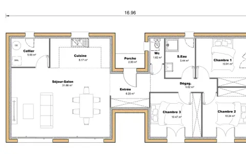 Plan de maison simple avec séjour-salon, cuisine, cellier, entrée, WC, S.Eau, et trois chambres.