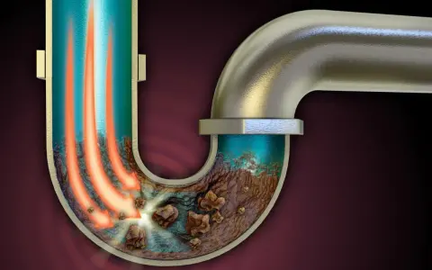 Une canalisation bouchée avec des débris et une odeur nauséabonde. Des flèches rouges indiquent un flux bloqué.