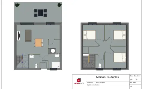 Plan d'une maison T4 duplex de 75m2 avec 2 chambres. L'étage supérieur montre les deux chambres.