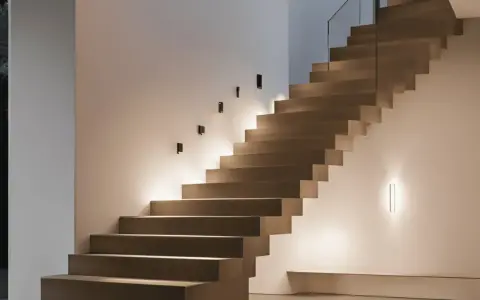 Un élégant miroir reflète la lumière douce d'une montée d'escalier moderne, créant une ambiance chaleureuse et accueillante.