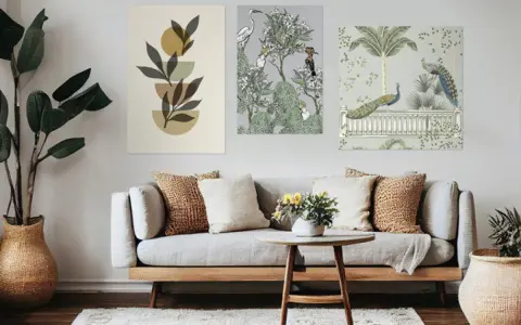 Un salon moderne avec un canapé gris, des coussins texturés et un mur de cadre orné de trois tableaux : art abstrait, oiseaux et paons dans un jardin.