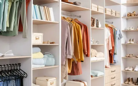 Un dressing bien organisé avec des vêtements suspendus, des étagères remplies de livres, de boîtes et de sacs. Idéal pour organiser son dressing.