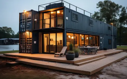 Maison moderne en conteneurs empilés, avec terrasse en bois et vue sur l'eau. Un prix maison avec sous-sol complet serait un rêve.