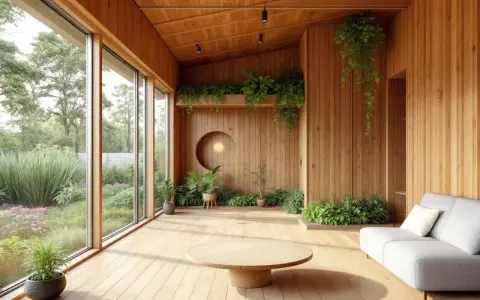 Un salon lumineux tout en bois, avec de grandes baies vitrées donnant sur un jardin luxuriant. Ce **logement du futur** intègre la nature avec des plantes suspendues et des jardinières.