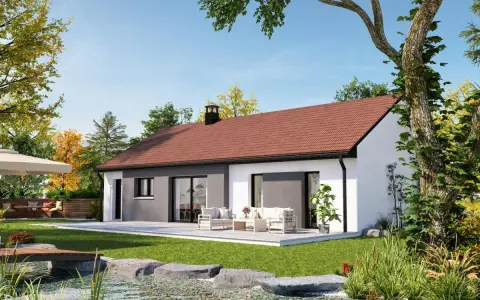 Vue extérieure d'une maison moderne avec un plan inspiré d'une maison créole traditionnelle. Jardin verdoyant, étang et mobilier de détente.