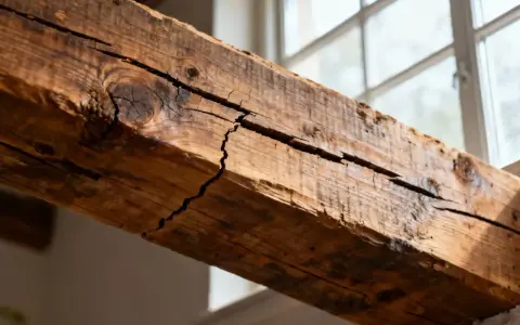 Gros plan sur une poutre en bois fissurée, témoin silencieux d'une maison qui craque toujours au même endroit. La lumière du jour révèle ses imperfections.