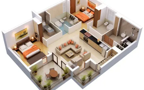 Plan d'une petite maison 2 chambres avec salon, cuisine, deux salles de bain et balcons.