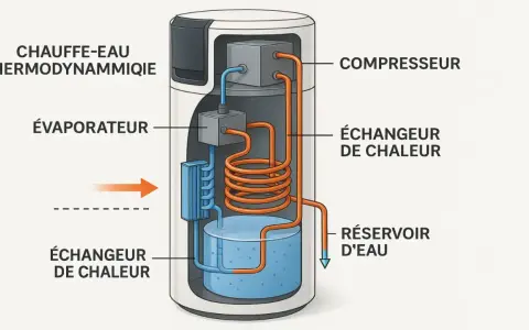 Schéma d'un chauffe-eau thermodynamique air extérieur : compresseur, évaporateur, échangeurs de chaleur et réservoir d'eau.