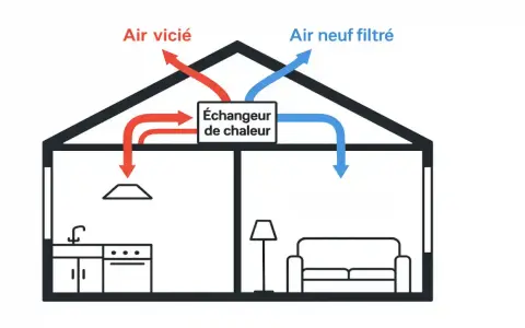 Schéma illustrant le fonctionnement d'une VMC double flux : l'air vicié est extrait et l'air neuf filtré est insufflé, avec un échangeur de chaleur.