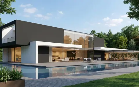 Une **maison cube moderne plain-pied** avec piscine, entourée d'arbres. Lignes épurées, grandes baies vitrées, terrasse en bois.
