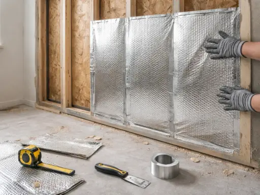 Pose d'un isolant mince sur un mur en construction. Des mains gantées ajustent le matériau réfléchissant. Outils de pose au sol.