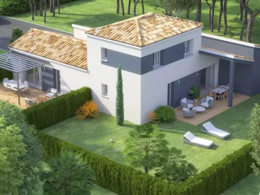 Plan maison jumelée 80m2 avec terrasses en bois, pergola et jardin paysager. Idéal pour une famille.