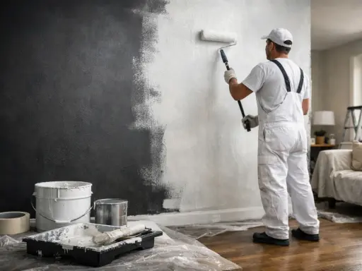Un peintre en salopette blanche est en train de repeindre un mur de couleur foncée en blanc, à l'aide d'un rouleau.