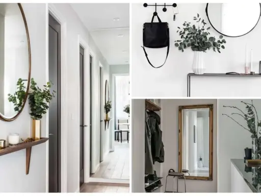Idées pour aménager entrée étroite : miroirs, étagères fines, patères et plantes pour un espace fonctionnel et stylé.