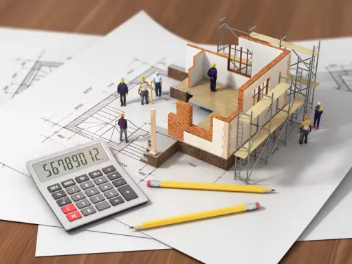 Maquette de maison en construction sur plans, avec des figurines d'ouvriers, une calculatrice et des crayons. L'inflation des matériaux de construction rend le calcul du budget complexe.