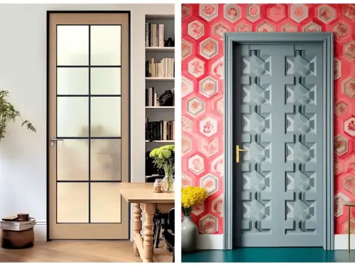 Deux portes, une vitrée style industriel, l'autre sculptée, montrent comment habiller une porte pour un intérieur moderne ou audacieux.