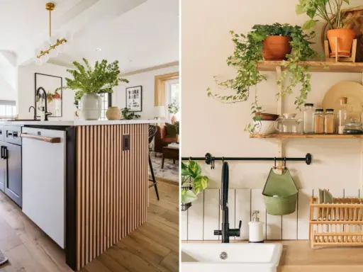 Idées pour comment rénover une cuisine : îlot moderne avec revêtement en bois et étagères végétalisées.
