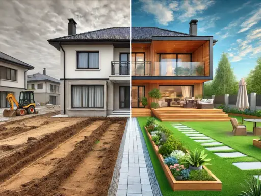 Avant/après : chantier d'une maison neuve transformé en jardin paysager luxuriant.