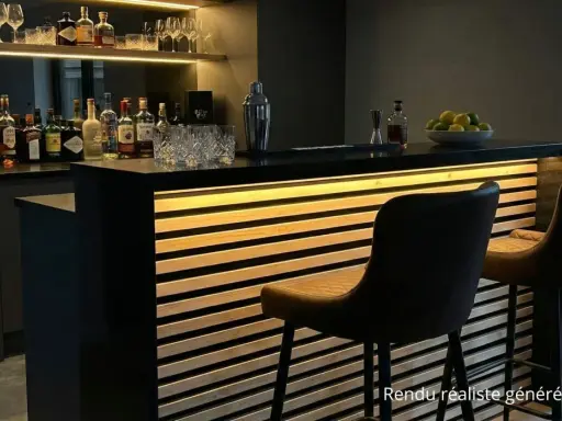 Bar moderne avec éclairage LED intégré dans des tasseaux de bois. Idée déco pour un coin bar chic.