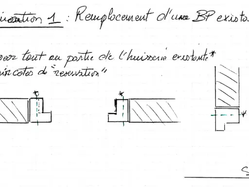 Schéma illustrant la coupe d'une huisserie existante pour définir la dimension hors tout porte et la réservation.