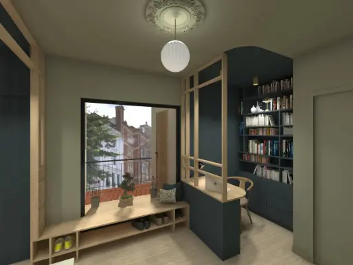 Un bureau caché dans le salon, intégré à une bibliothèque murale. Un espace de travail discret et fonctionnel.
