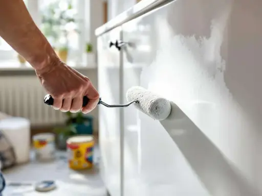 Main d'une personne appliquant de la peinture blanche sur un meuble pour le customiser.