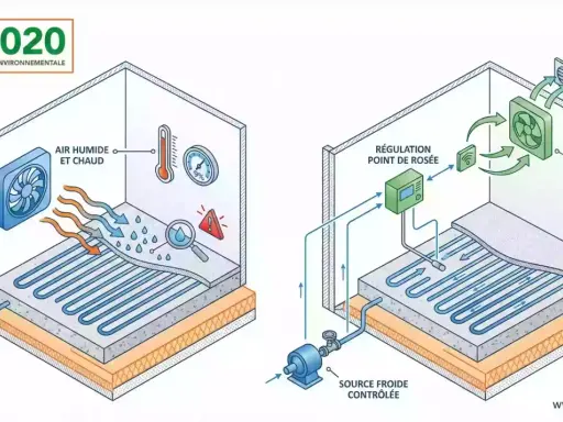 Schéma d'un plancher chauffant hydraulique montrant la régulation de l'air et de l'humidité pour un confort optimal.