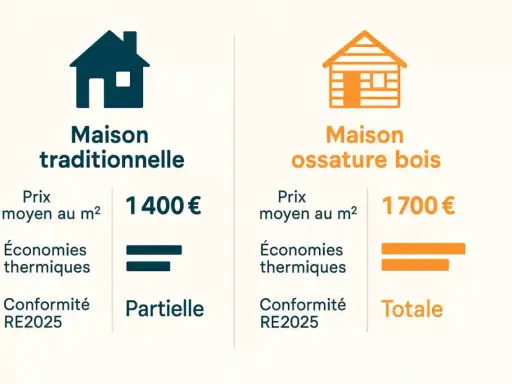 Comparaison : maison traditionnelle (1400€/m², partielle RE2025) vs maison ossature bois (1700€/m², totale RE2025). Le prix de construction maison bois est plus élevé mais offre plus d'avantages.