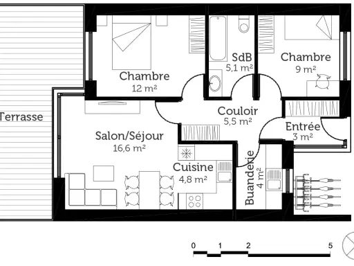 Plan d'une maison 60 m² avec terrasse, salon, cuisine, buanderie, deux chambres et salle de bain.