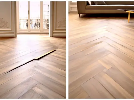 Parquet en chevrons gondolé, avec une lame dorée insérée dans une fissure.
