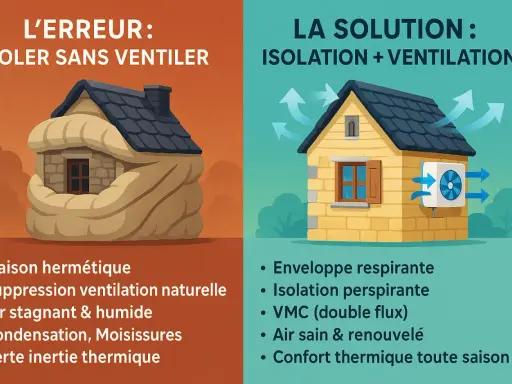 Schéma d'une maison autonome : l'erreur d'isoler sans ventiler cause humidité et moisissures, la solution est isolation et ventilation pour un air sain.