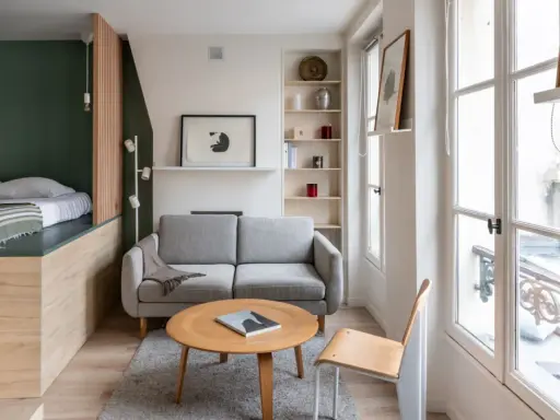 Aménagement petit appartement : lit surélevé, canapé gris, table basse ronde en bois, étagères et grande fenêtre lumineuse.