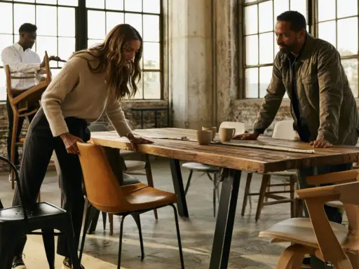 Trois personnes arrangent des chaises autour d'une grande table en bois brut. Quelles chaises avec table industrielle, le tout dans un loft lumineux.