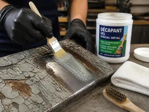 Application d'un gel pour enlever peinture sur métal sans décapant. Un pinceau dépose le produit sur une surface métallique écaillée.