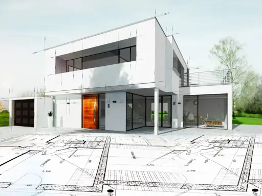 Plan maison etage : une maison moderne en cours de construction, superposée sur des plans architecturaux détaillés.