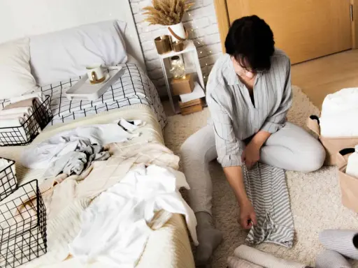Une femme plie du linge sur un tapis, à côté d'un lit défait. Elle apprend comment ranger sa chambre adulte efficacement.