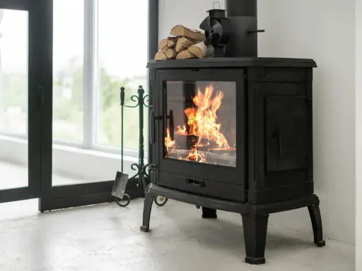 Poêle à bois en fonte avec flammes vives, pile de bois et accessoires. Idéal pour un couplage pompe à chaleur et poêle bois pour une chaleur optimale.