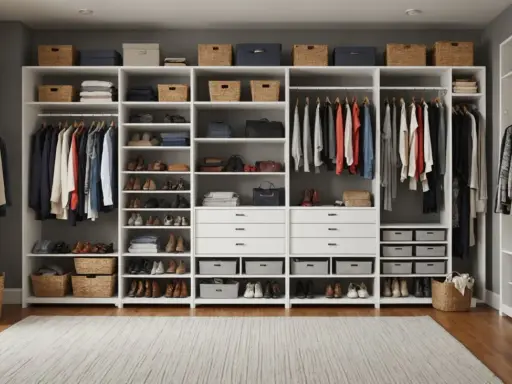 Système de rangement ouvert pour vêtements et chaussures, idéal pour comment ranger ses vêtements sans armoire. Paniers et étagères organisent tout.