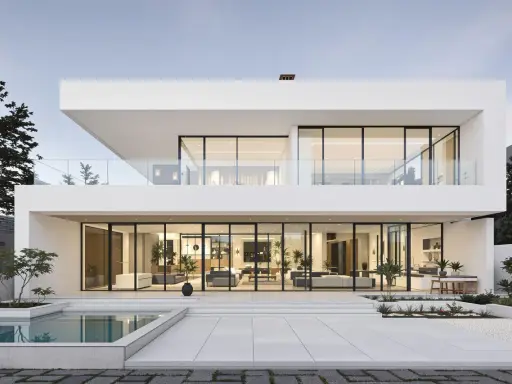 Une maison design moderne avec piscine, de grandes baies vitrées révélant un intérieur lumineux et épuré.