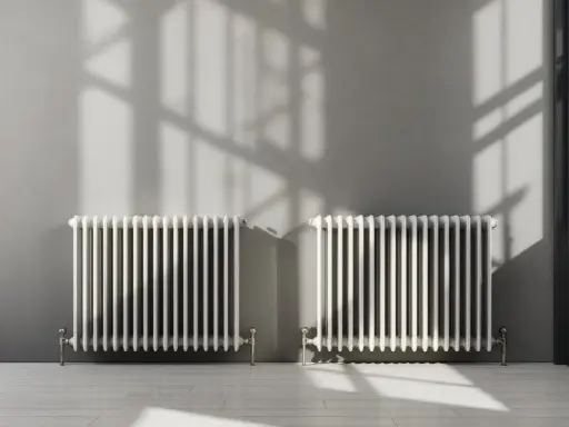 Deux radiateurs blancs classiques, parfaits pour reconnaître un radiateur haute température, projettent des ombres sur un mur gris.