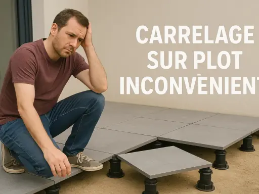 Homme pensif devant un carrelage sur plots. Le texte indique "Carrelage sur plot inconvénients", suggérant des difficultés avec cette méthode.